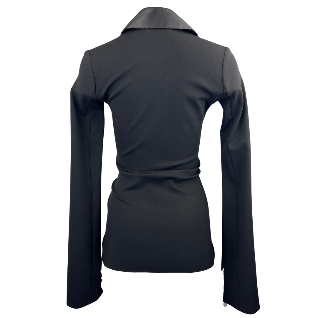 16 Arlington Longline Black Blouse with Leather Collar