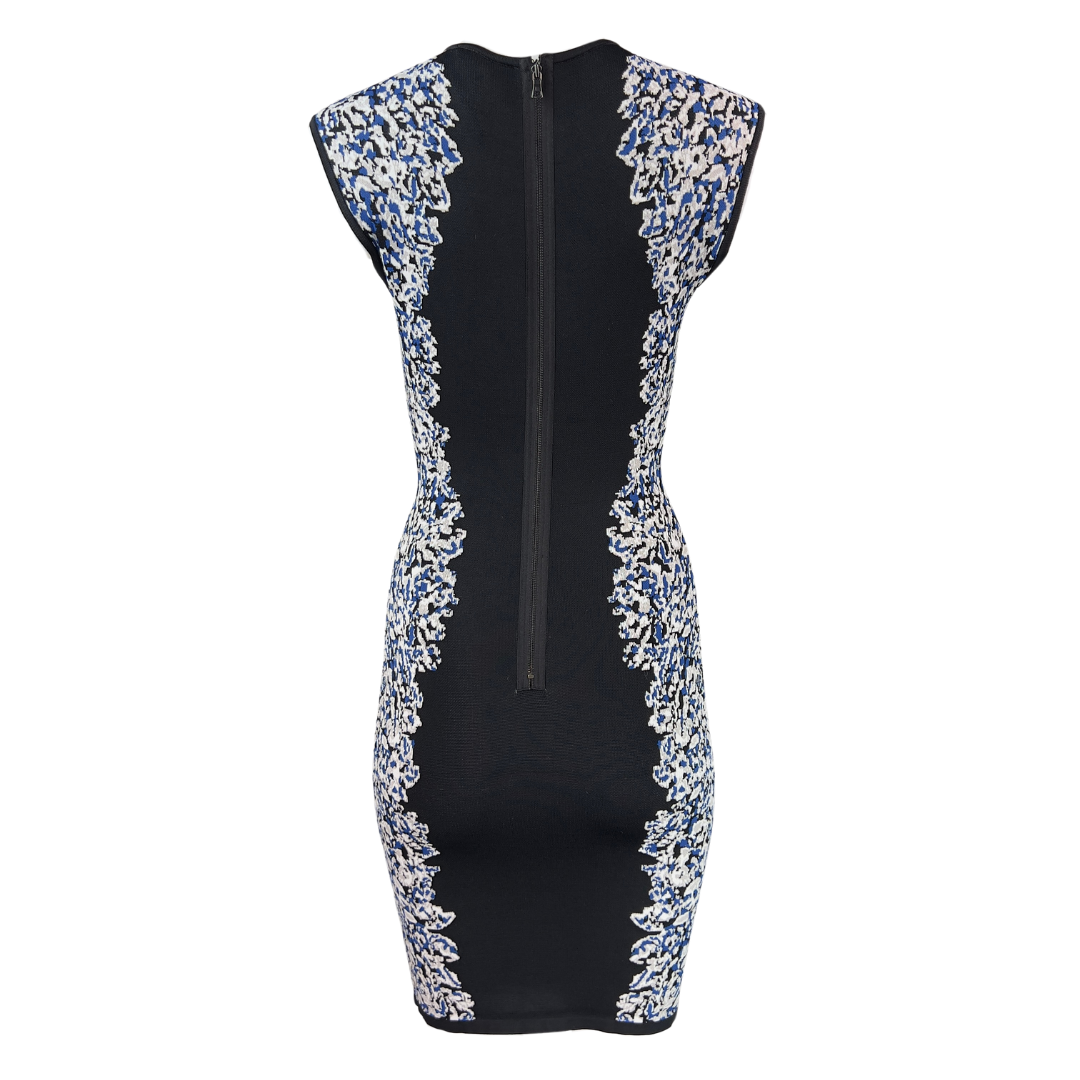 BCBG Black Body Con Dress with Lace Print