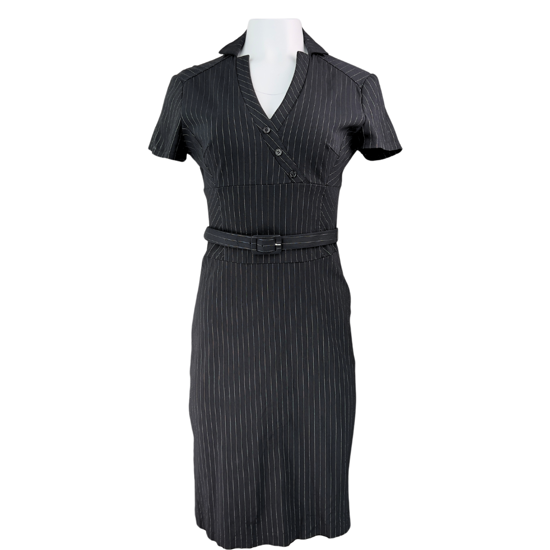 Le Chateau Black Pinstripe Short Sleeve Dress with Self Belt – RefindStyle