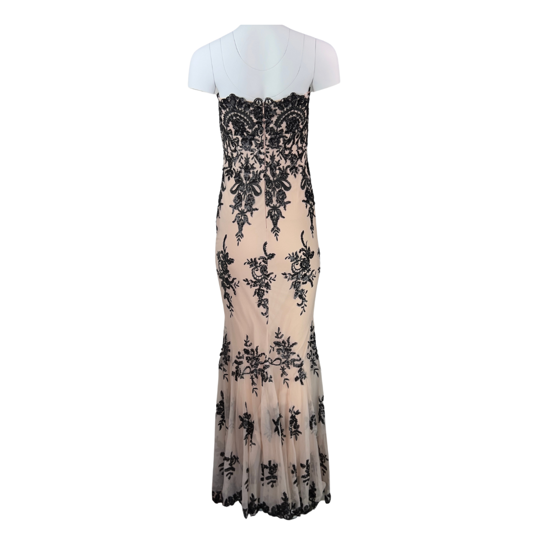 Nude Strapless Gown with Black Lace Overlay