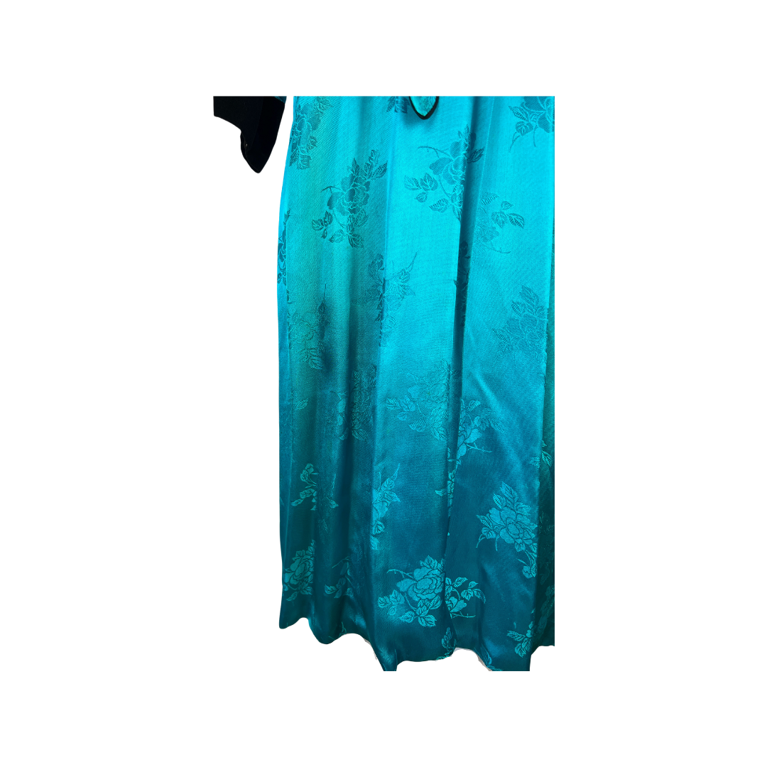 1940's Turqouise Silk Jacquard Robe with Black Velvet Details