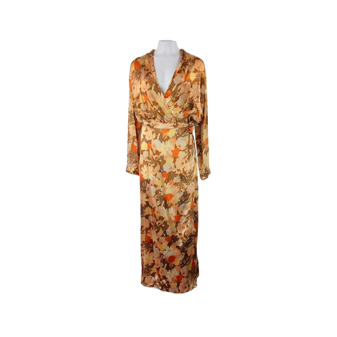 1940's Gold, Brown and Orange Abstract Floral Satin Robe