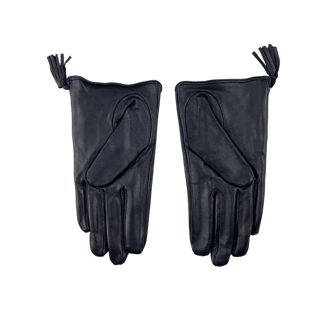 Black Leather Half Gloves with Topstitch and Side Tassel