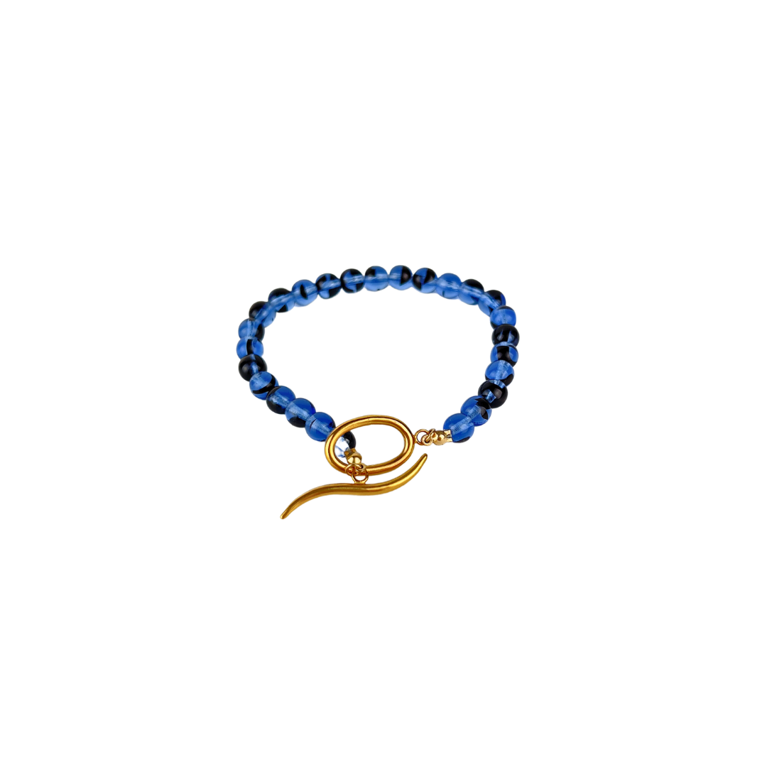 Navy Glass Bead Bracelet with Gold Toggle