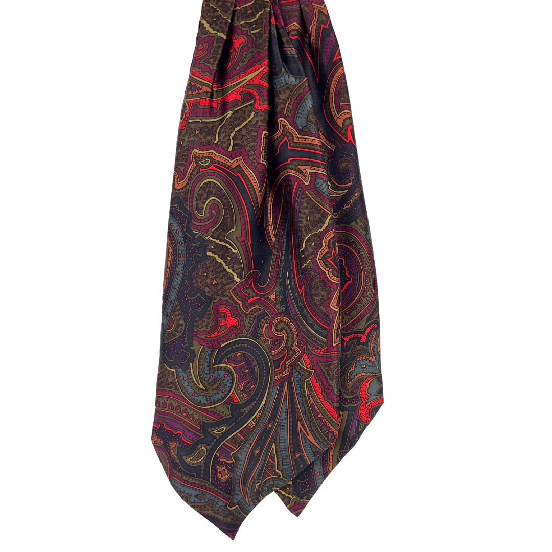 Silky Cravat in Abstract Print Red Green and Grey