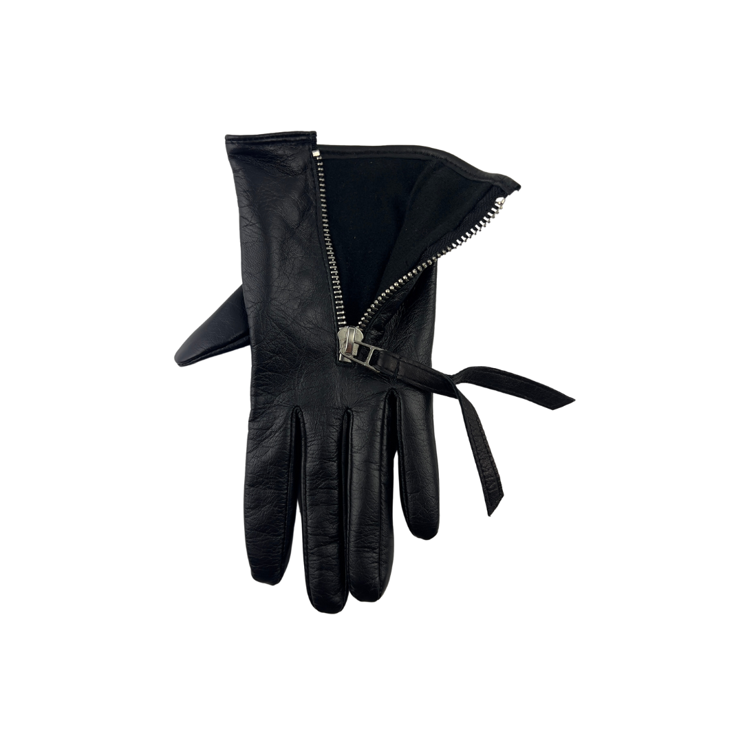 Black Leather Gloves with Center Zip and Tag