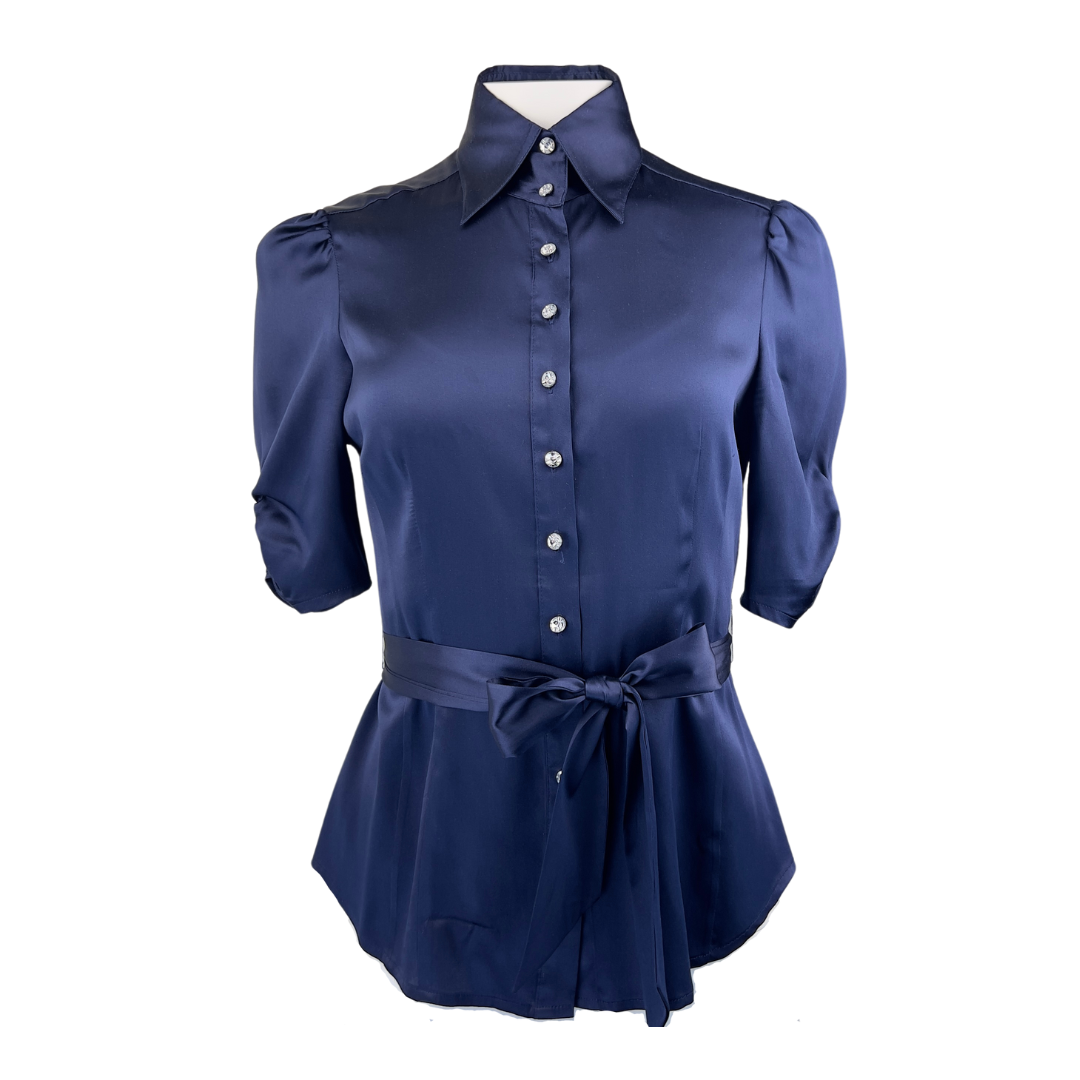 Bebe Navy Satin Short Sleeve Blouse with Tie