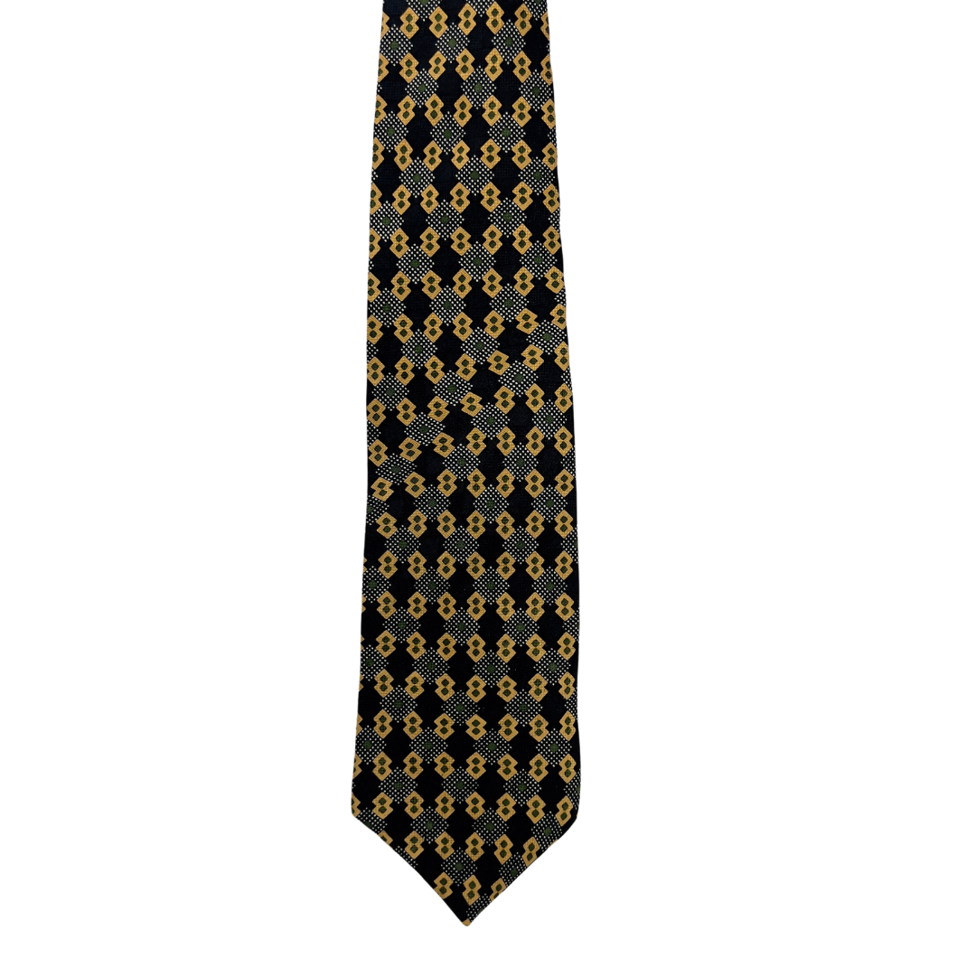Silk Distinction Tie with Yellow, White and Green Square Prints