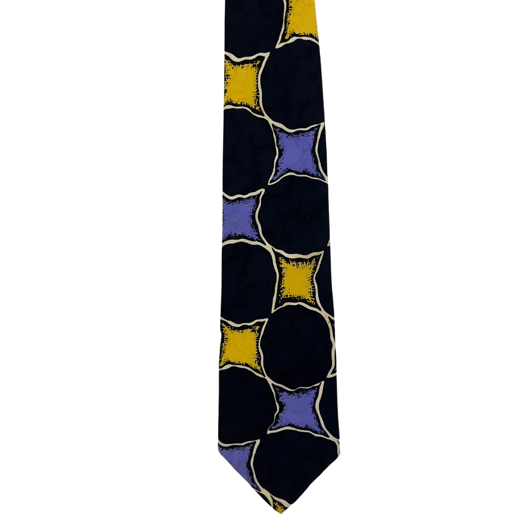 Black Tie with Yellow and Purple Diamond Shapes