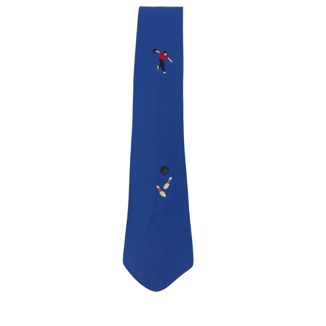 Blue Tie with Embroidered Bowler and Pins