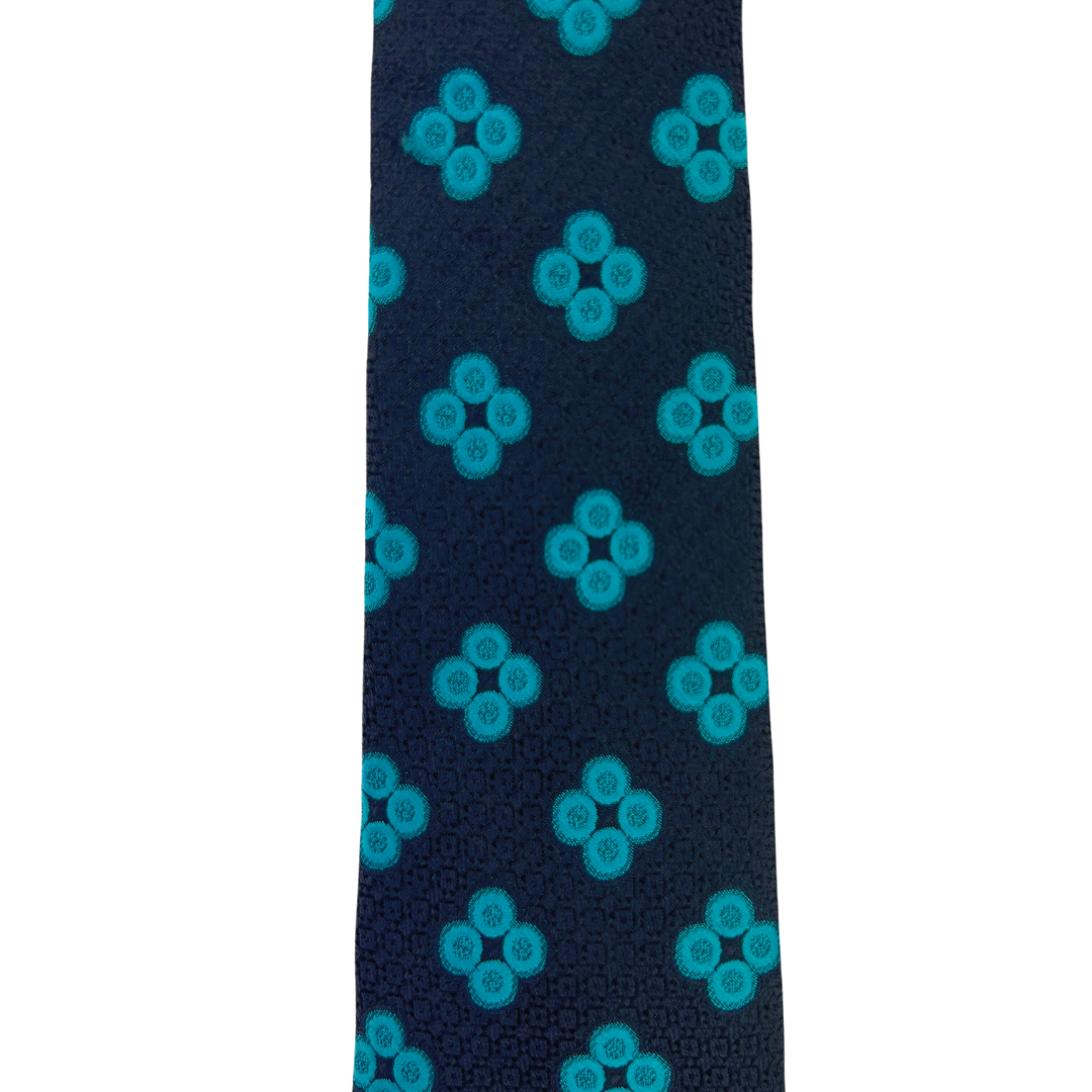 Navy Tie with Repeat Print Aqua Circles