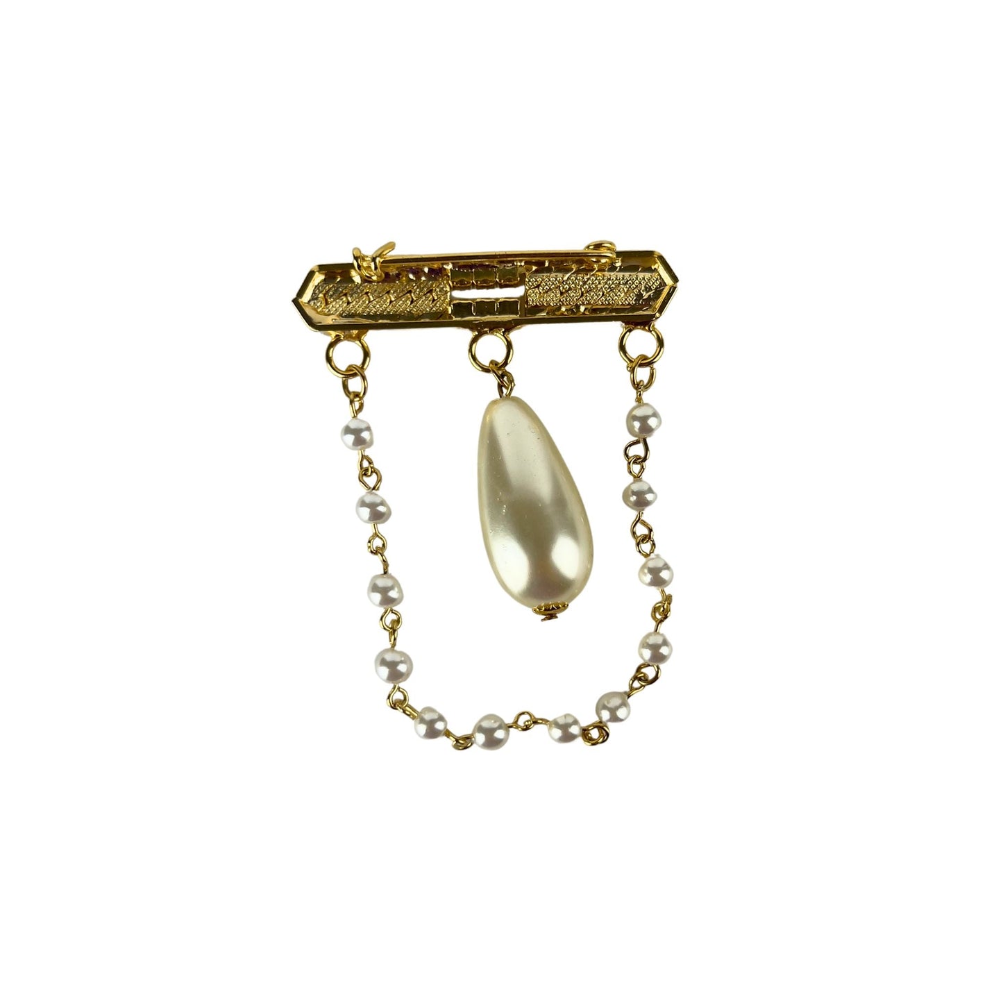 Gold Bar Brooch with Large Pearl and Chain