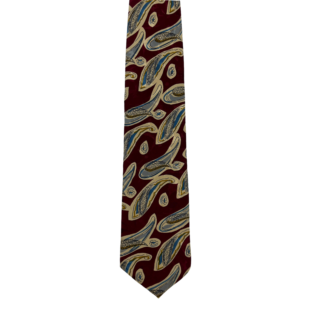 Vintage Burgundy Tie with Cream and Blue Sketch like Leaves