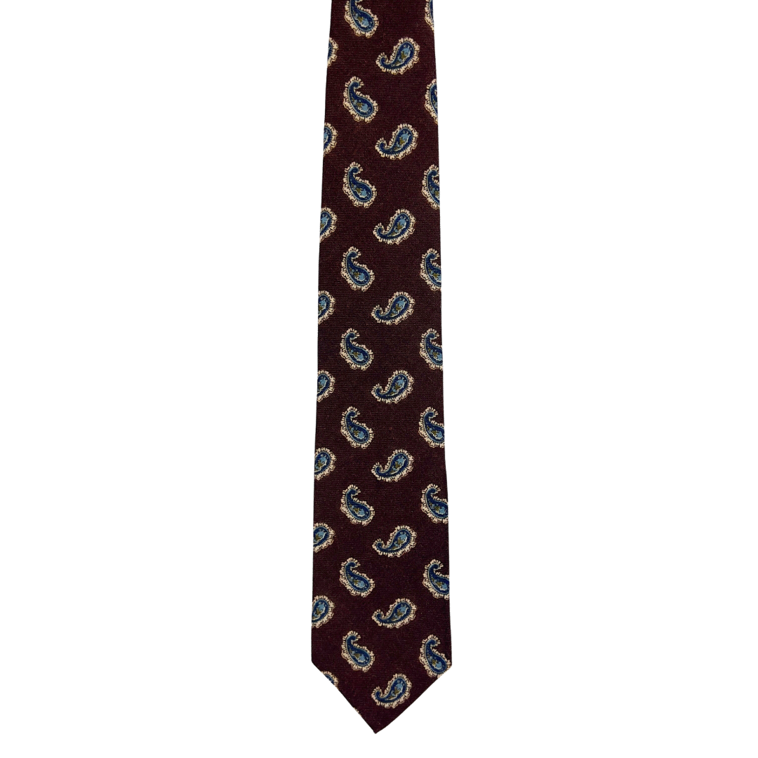 Brown Wool Tie with Blue Paisley Print