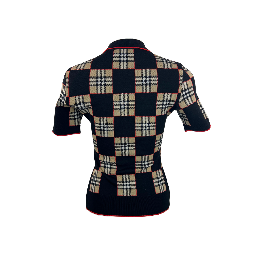 Burberry Patchwork Black Polo with Tartan Short Sleeve