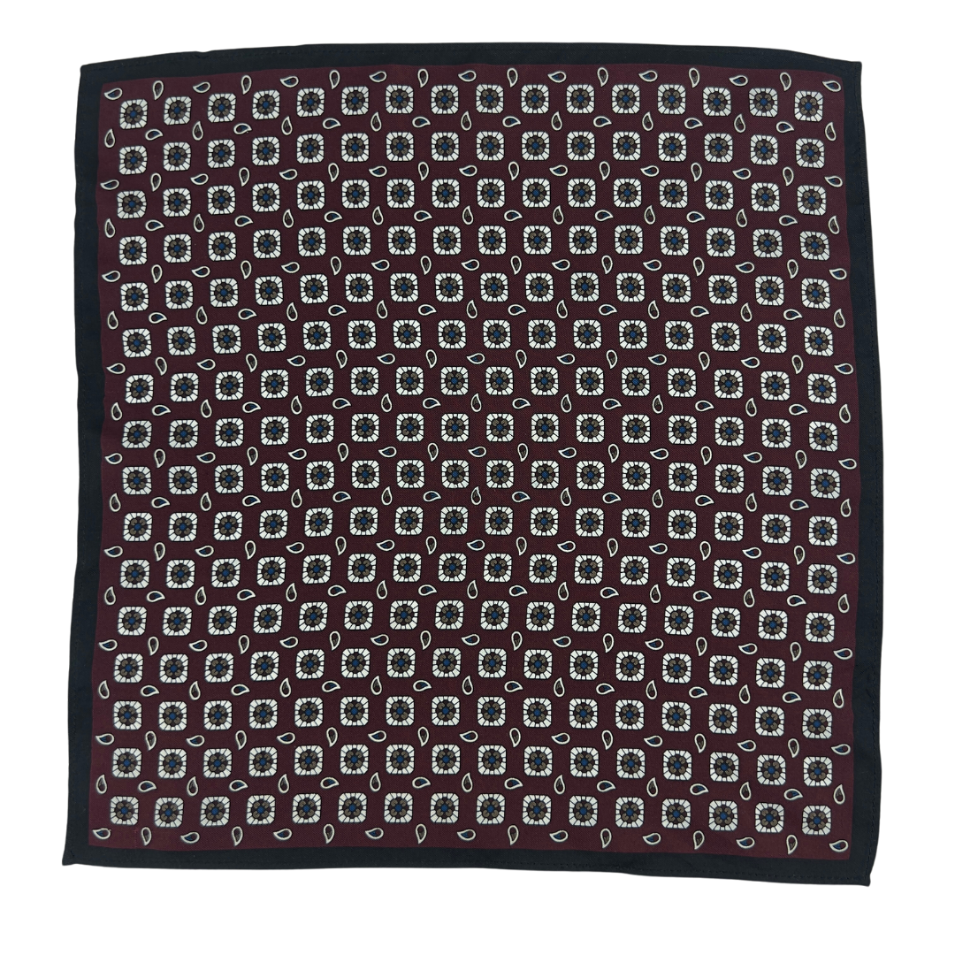 Burgundy Pocket Square with Black Border and Print of Medallion Tiles