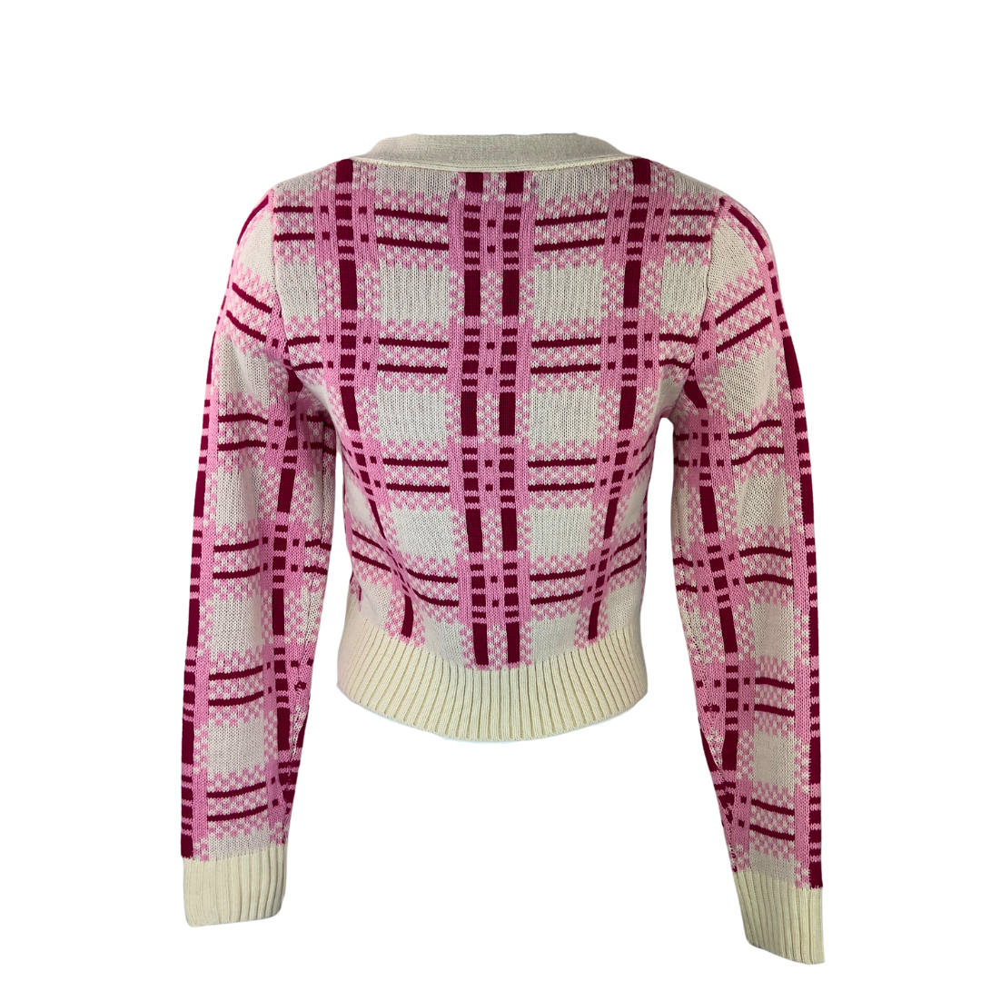 Central Park West Cream and Pink Plaid Cardigan