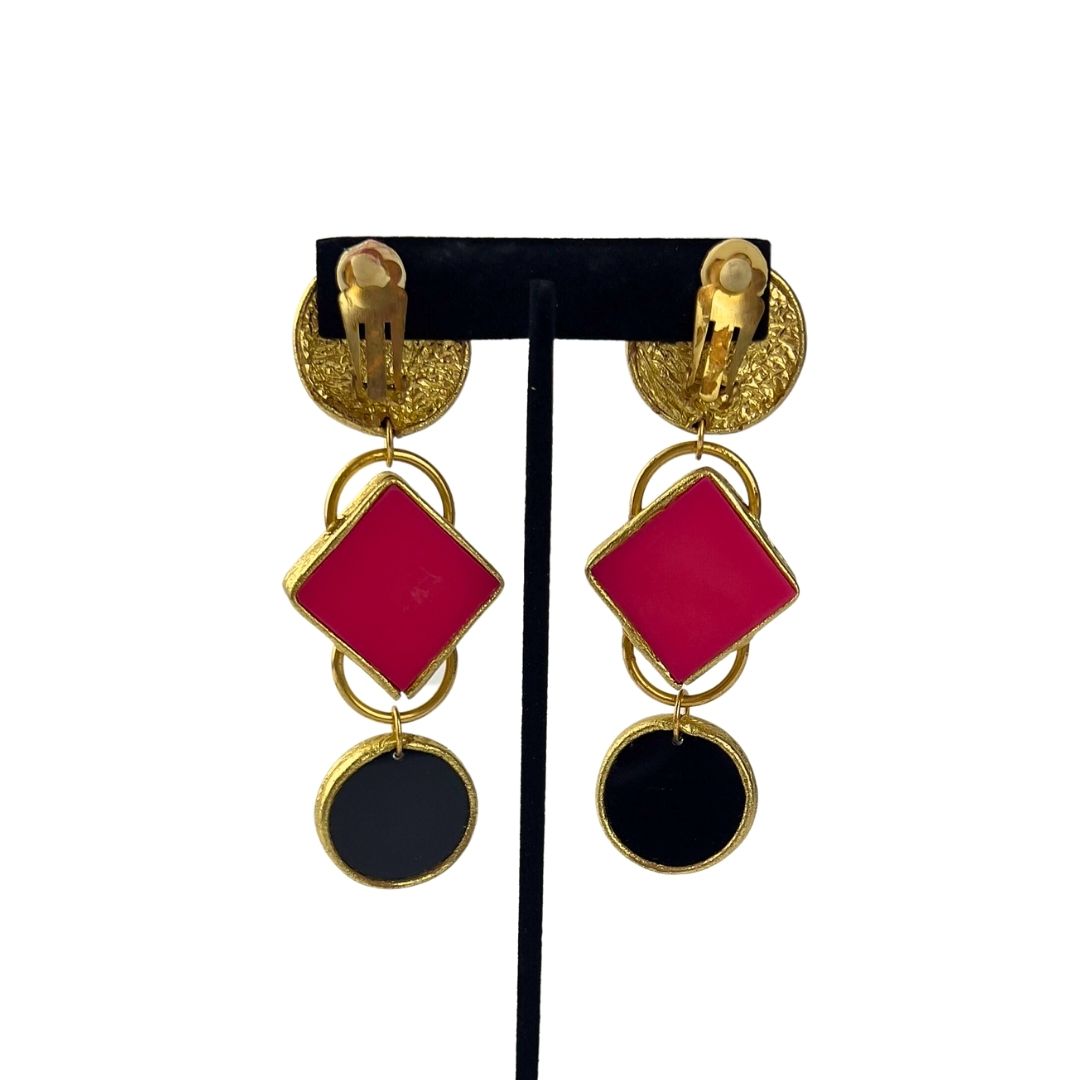 Black, Pink and Gold Clip On Earrings