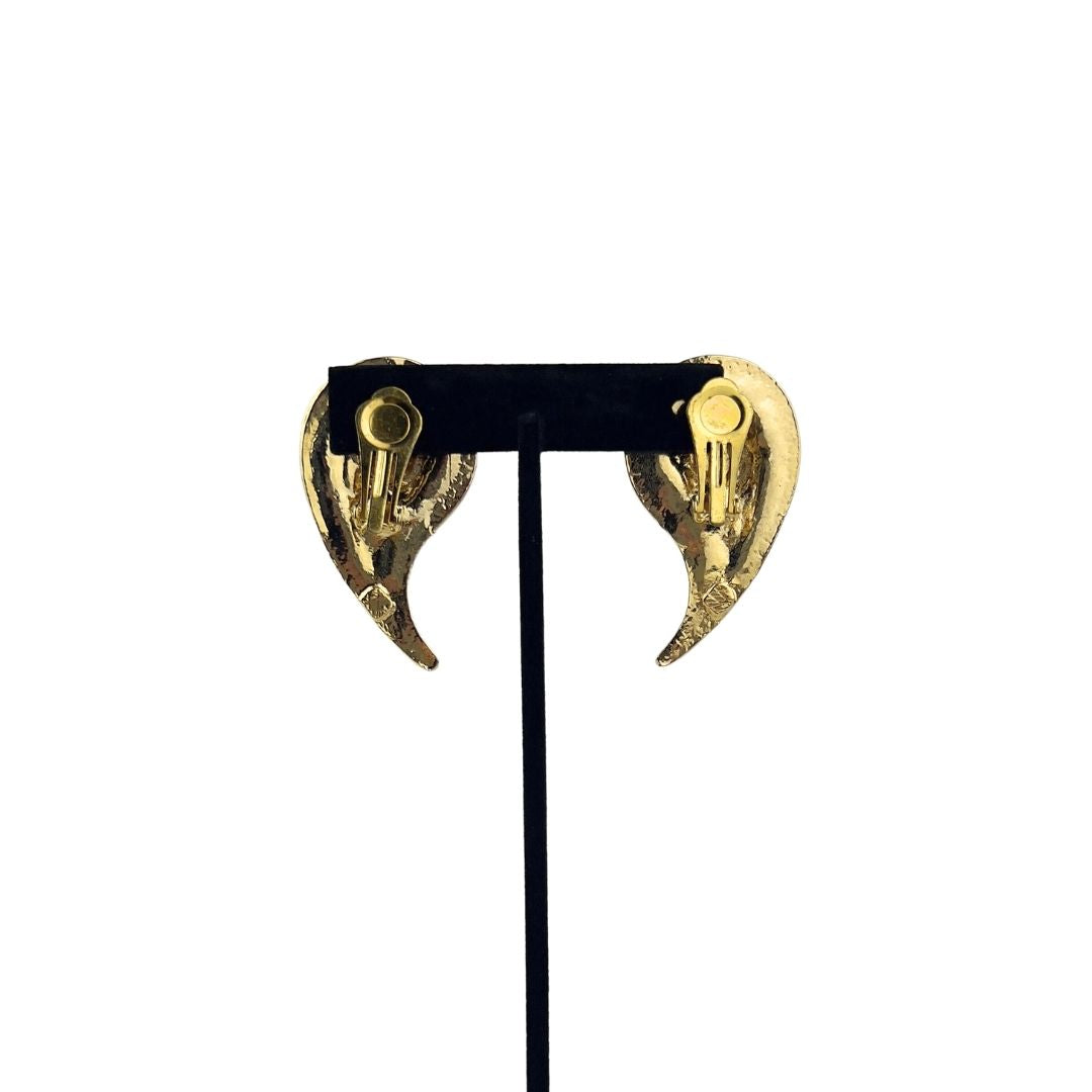 Gold Paisley Clip On Earring with Green Jewels