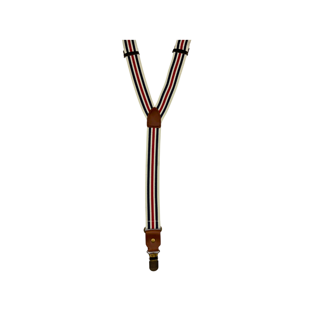 Cream Suspender with Red and Navy Suspenders with Brown Leather