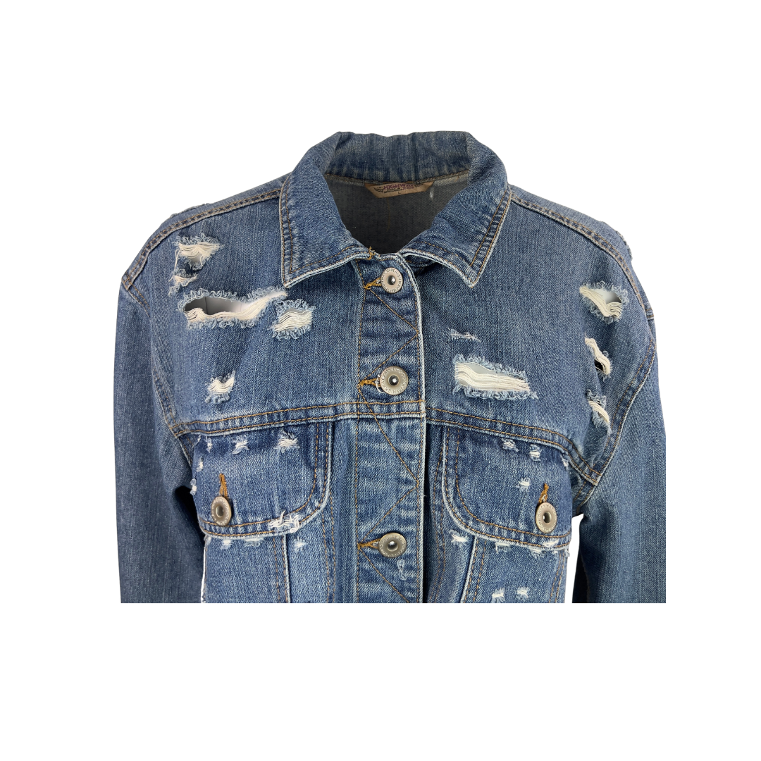 Cropped Loose Denim Jacket with Rips