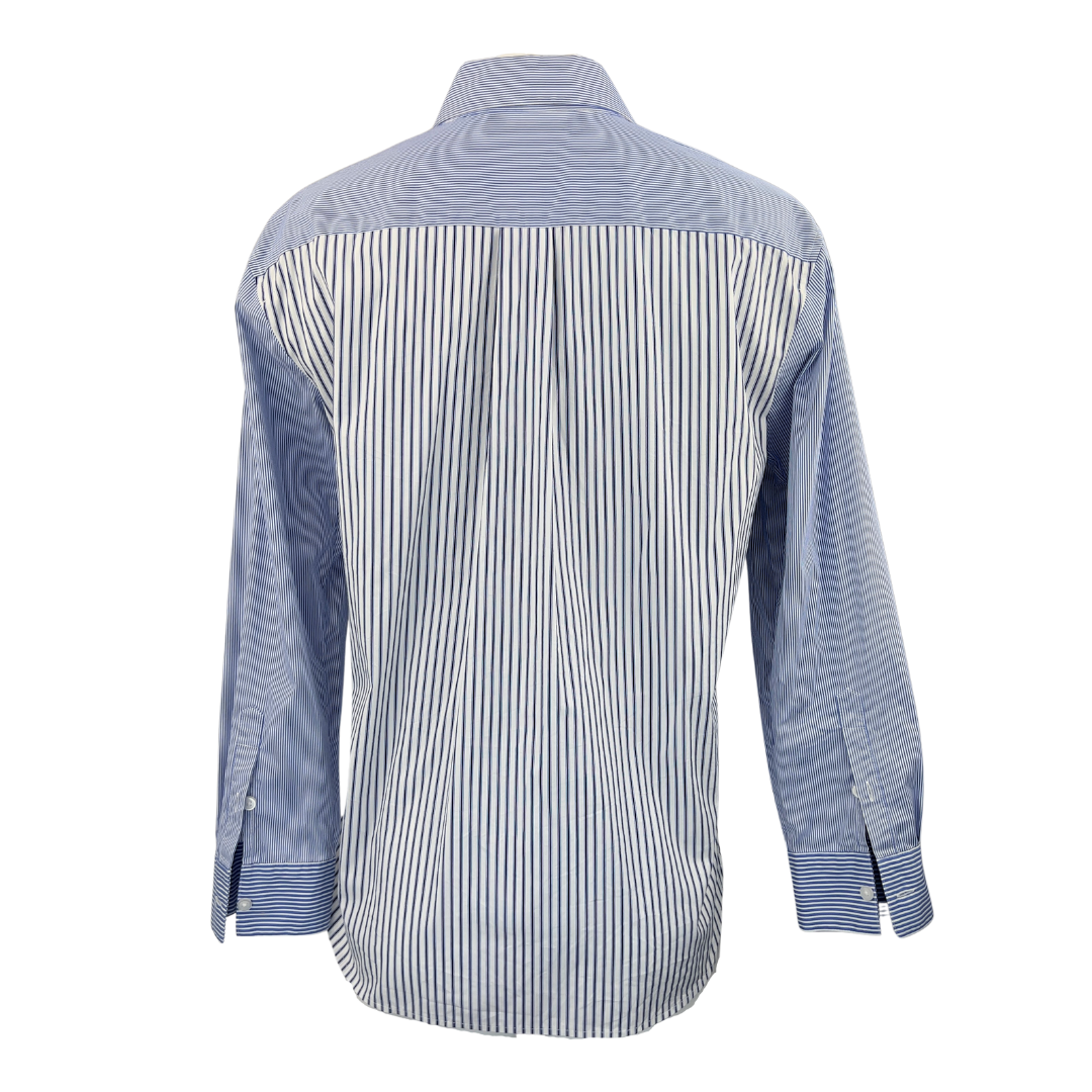 DKNY Oversized Blue and White Pinstripe Blouse with Lace Pocket