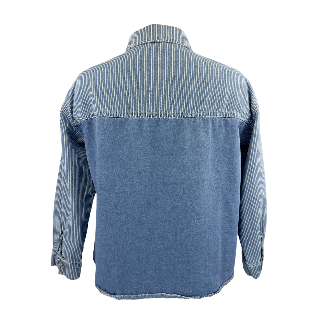 Oversized Denim Shacket with Striped Top and Solid Bottom