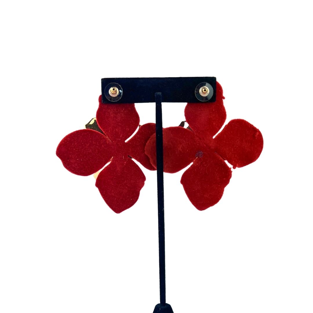 Gold and Red Velvet Flower Earrings