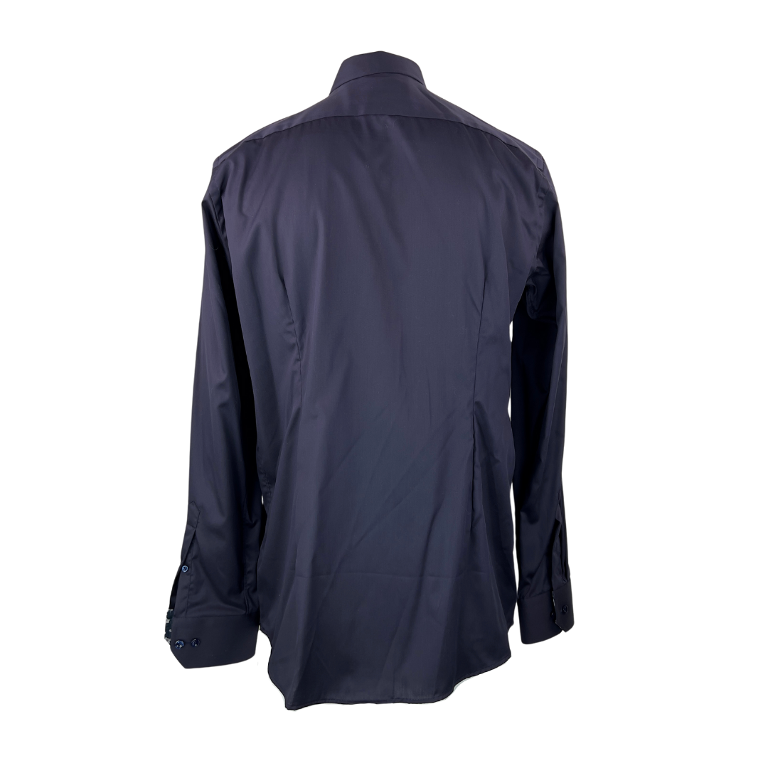 Eton Navy Dress Shirt with Floral Print Inside Collar 16.5