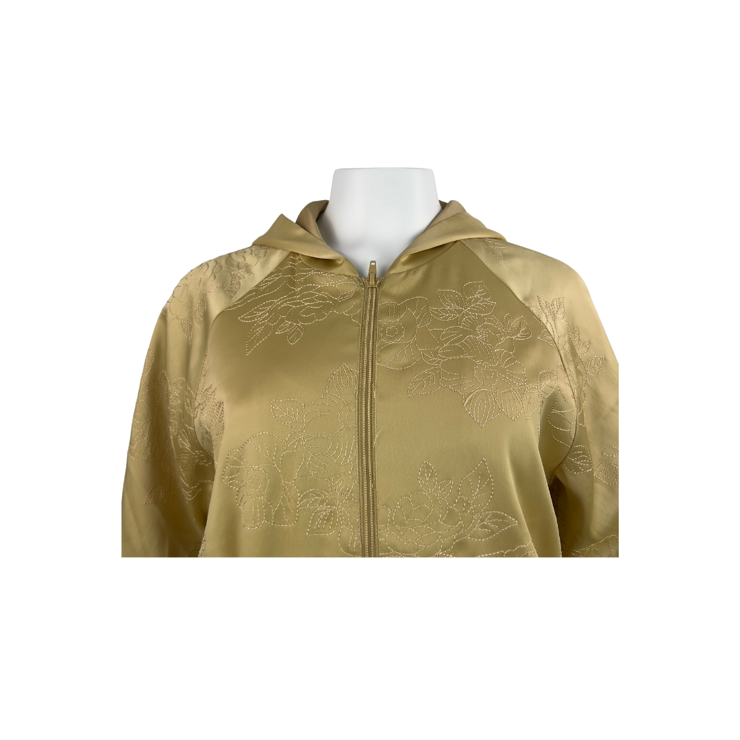 Gold Satin Hooded Bomber with Floral Embroidery
