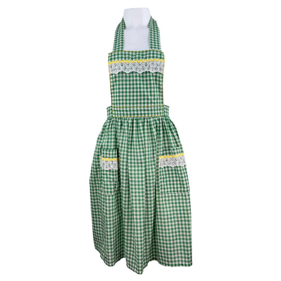 Green and White Gingham Apron with Yellow Ribbon and White Lace Trim