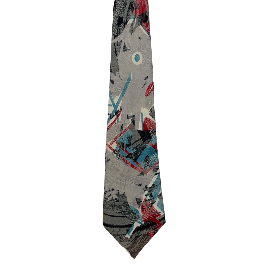 Grey, Black, Blue and Red Abstract Tie