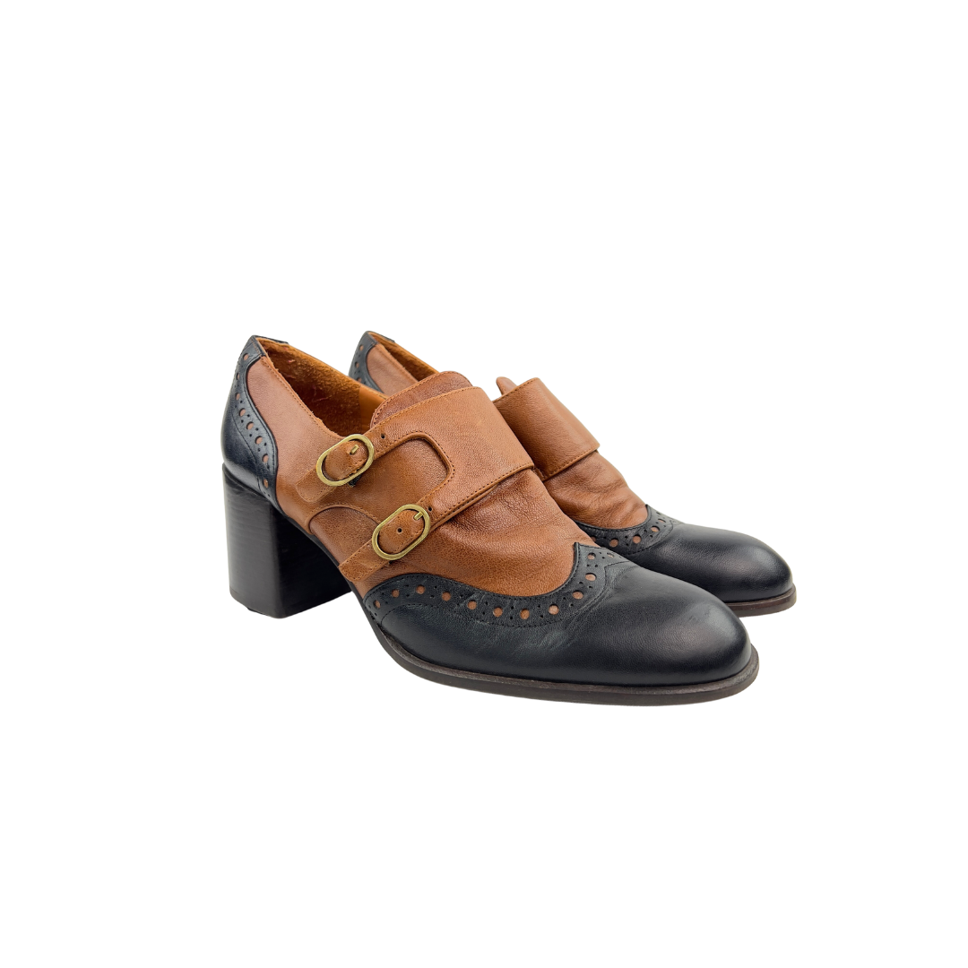 Chie Mihara Brown and Navy Heeled Monk Strap