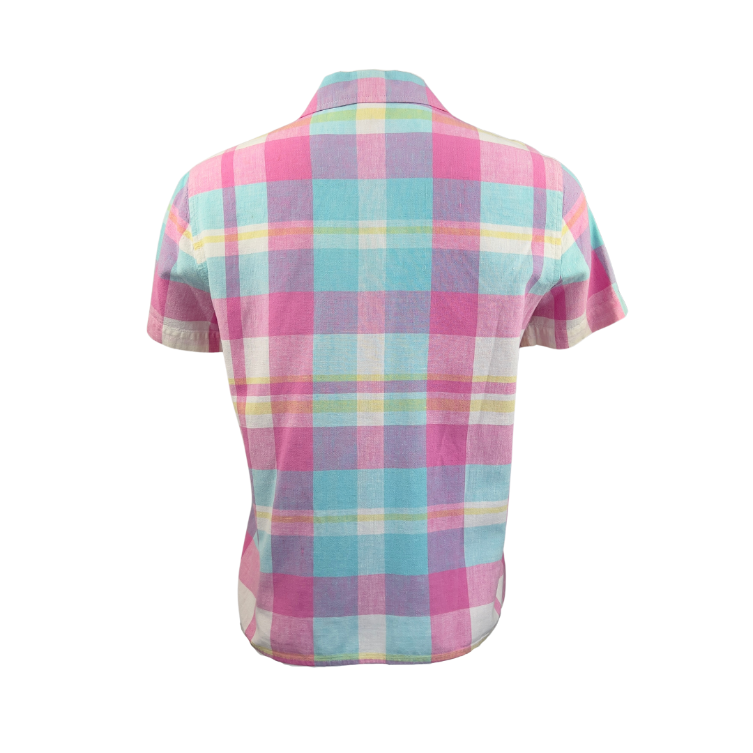 Jones New York Pink and Blue Plaid Short Sleeve Blouse