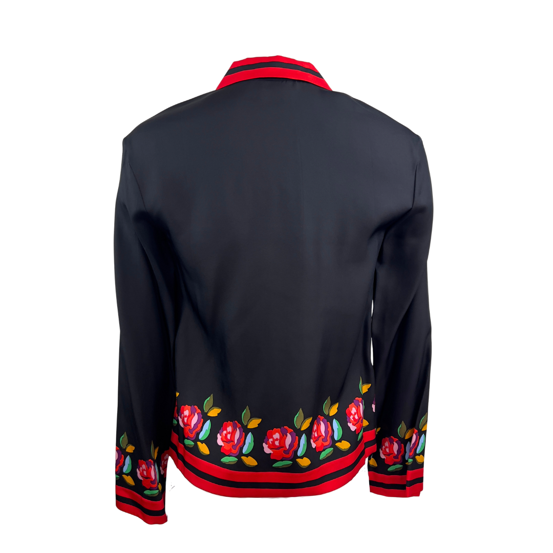 Kate Spade Black Blouse with Red Stripe and Rose Trim