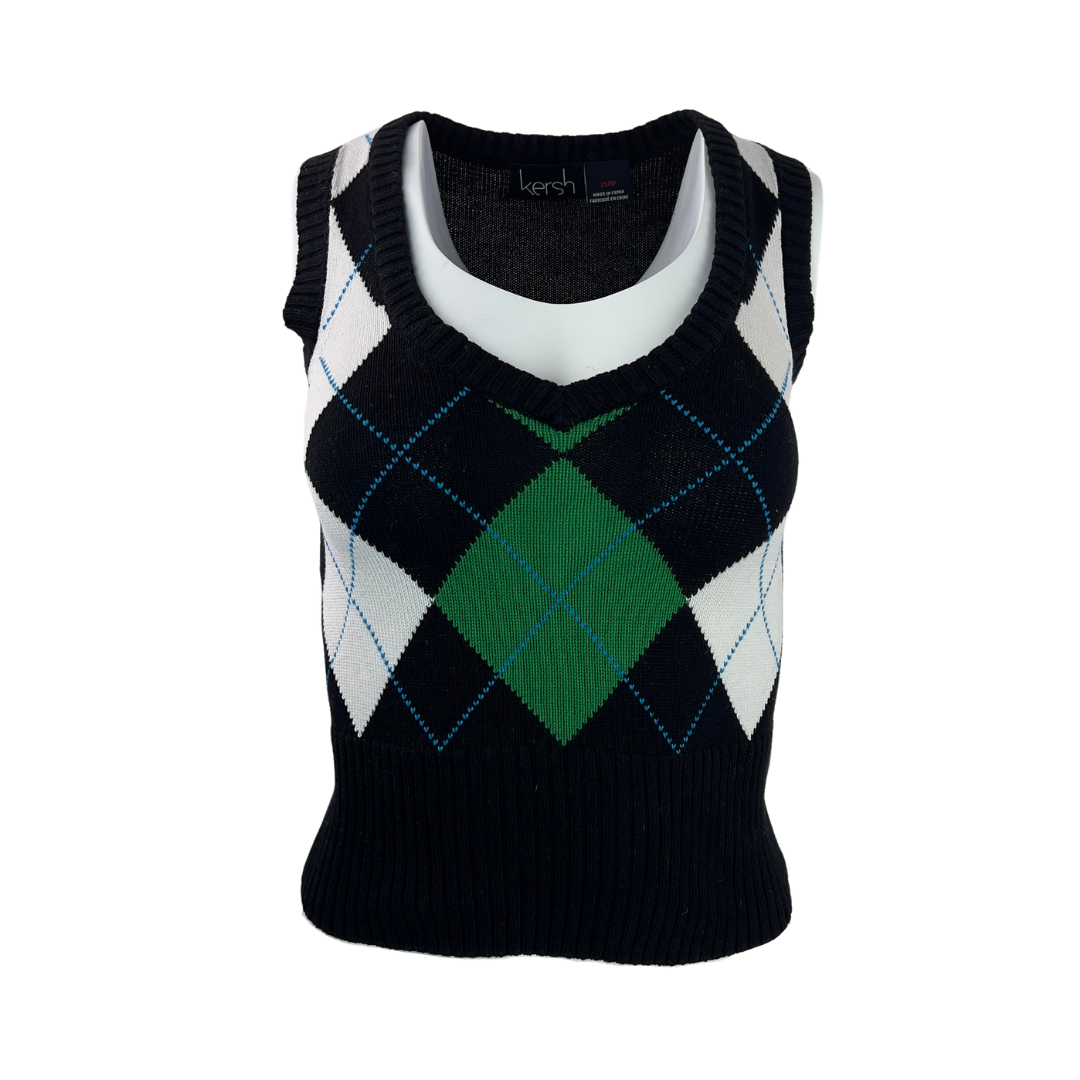 Kersh Black, White and Green Argyle Sweater Vest  RefindStyle