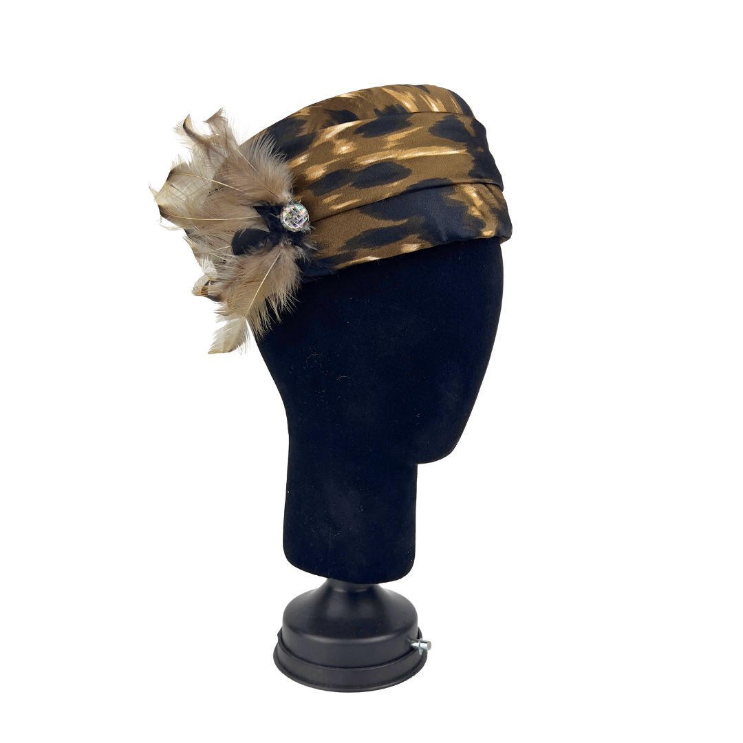 Vintage Leopard Satin Pillbox Hat with Feather – RefindStyle display picture 2