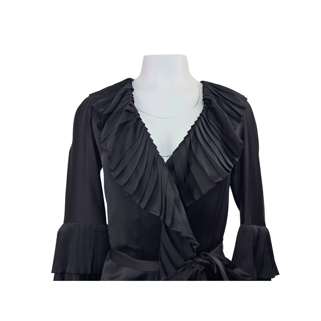 Full Length Black Satin Dressing Gown with Three Tier Ruffles on Cuffs