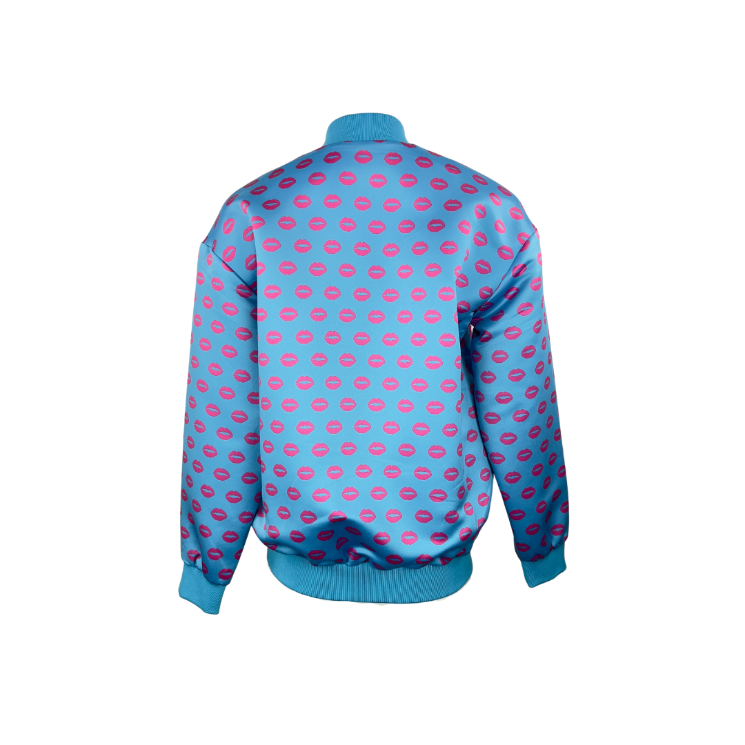 Markus Lupfer Blue Satin Bomber with Lip Print