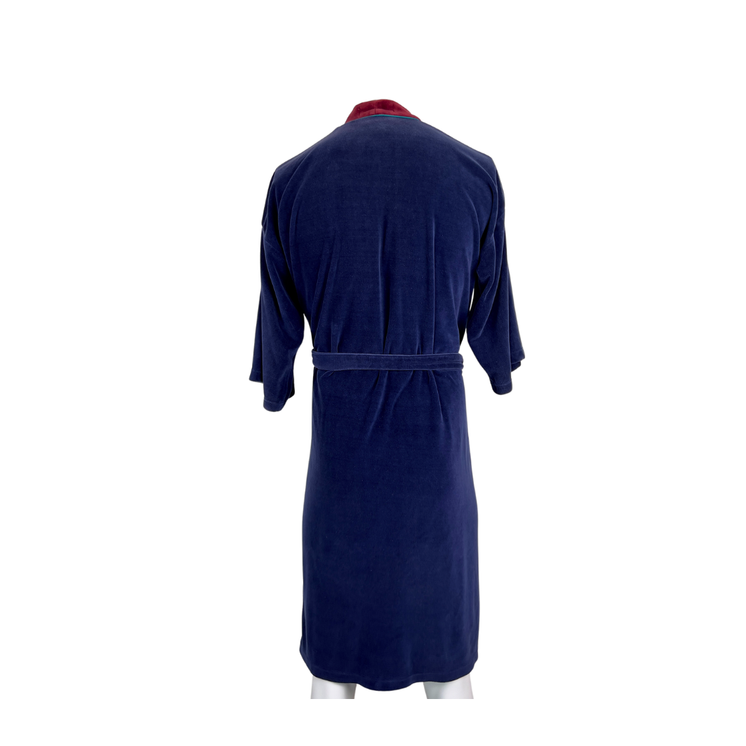 Men's Navy Velour Short Robe with Burg Trim and Green Piping