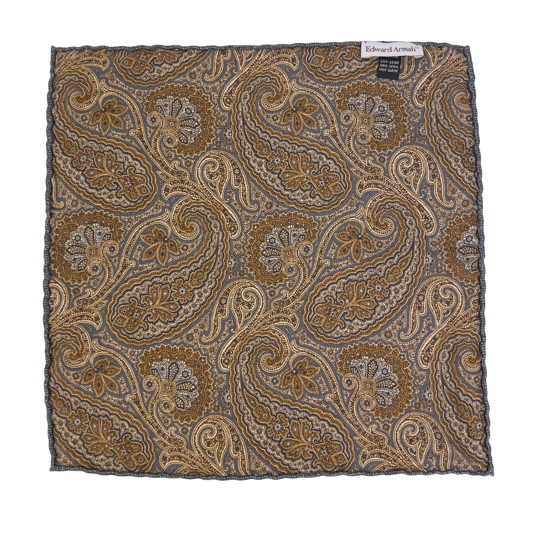 Edward Armah Silk Pocket Square in Grey, Blue and Brown Mosaic Print