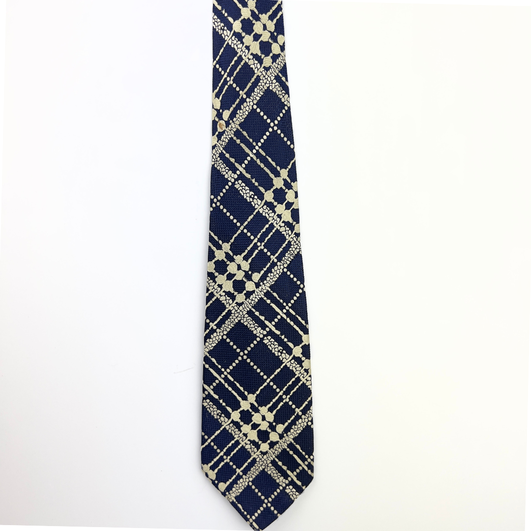 Navy Tie with Abstract Cream Check