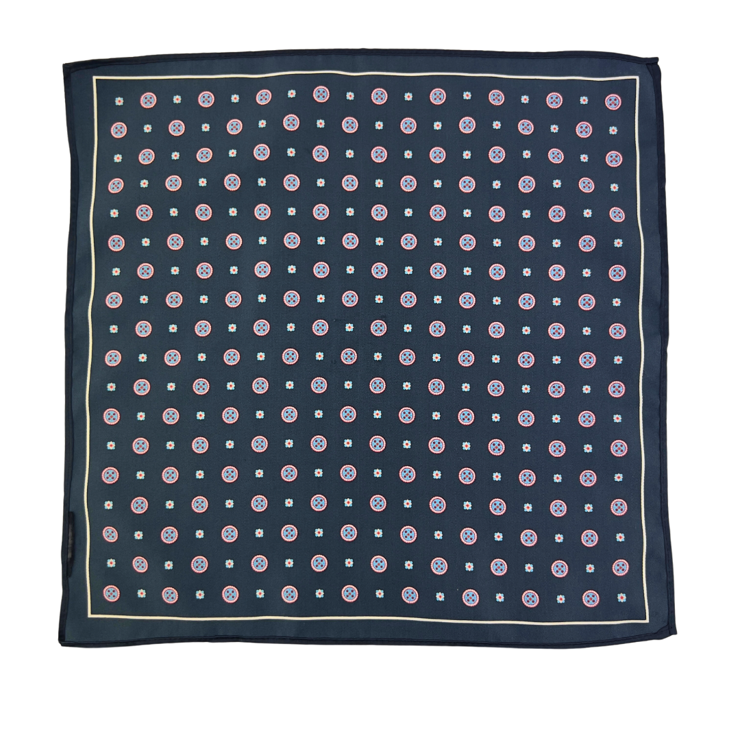 Navy Pocket Square with Meadallion Print with Blue and Red