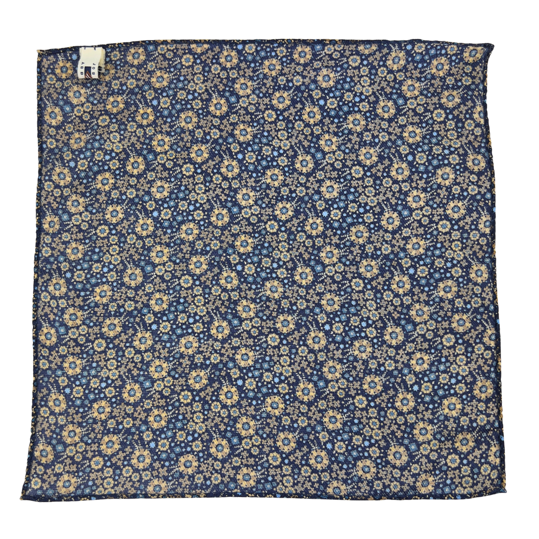Navy Pocket Square with Yellow Flowers and Blue Dots