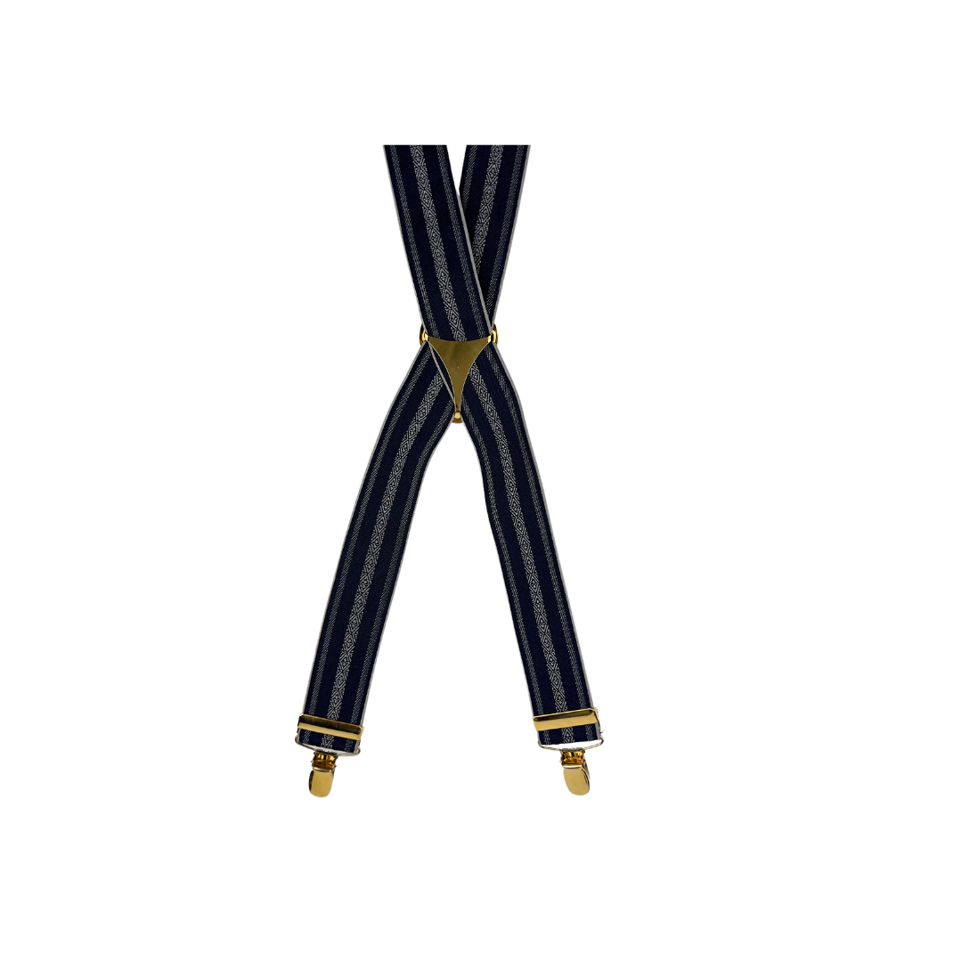 Navy Suspender with Three White Patterned Stripes