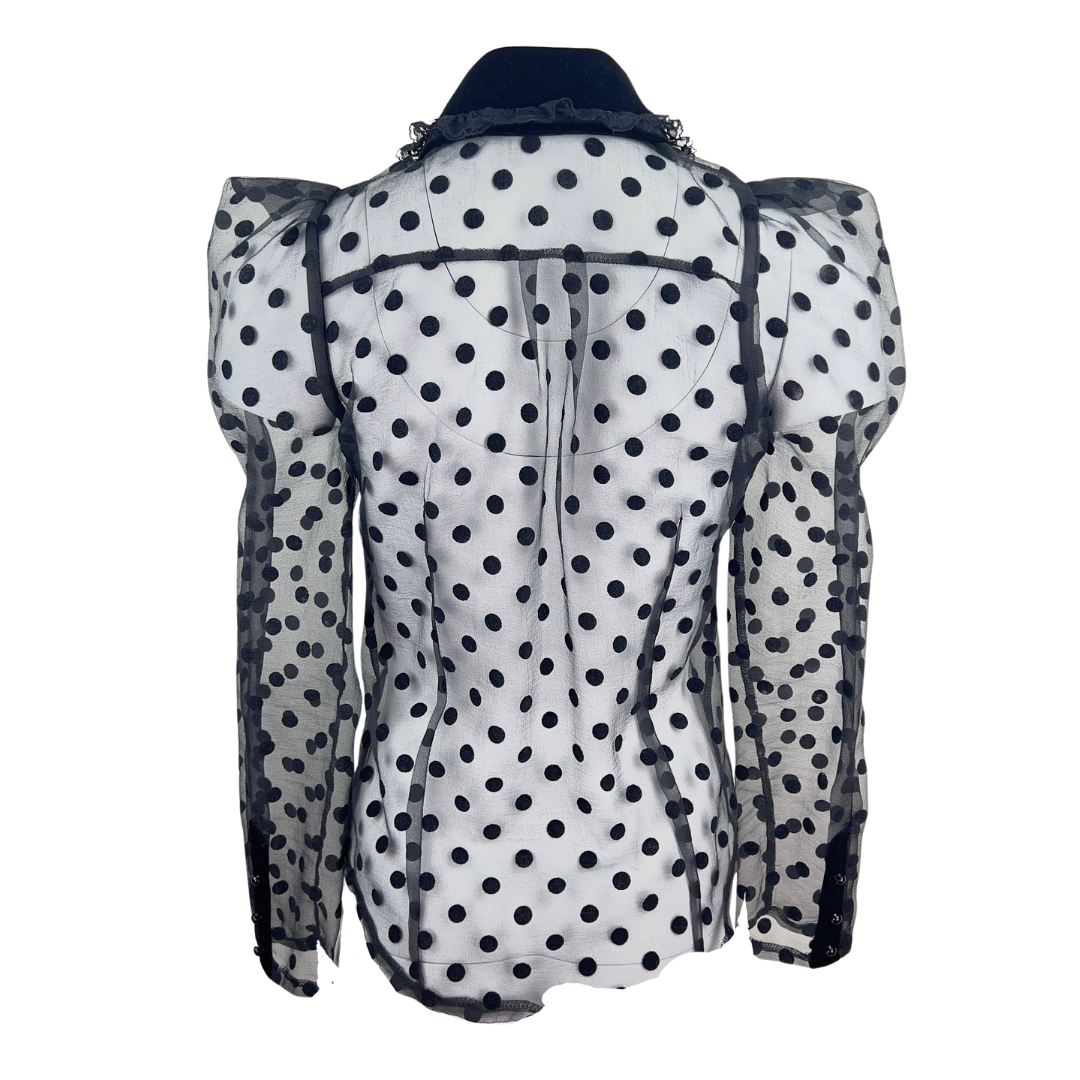 Black Sheer Polka Dot Blouse with Velvet Collar