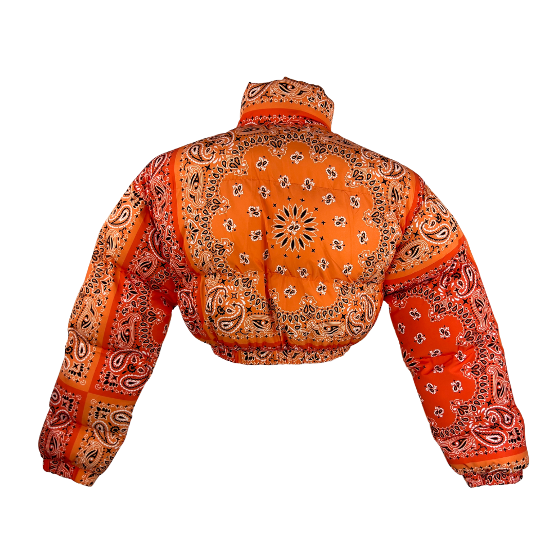 Orange Bandana Print Cropped Puffer Jacket