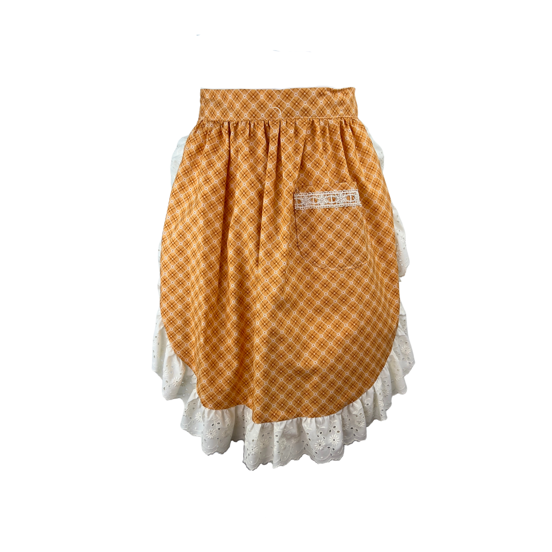 Orange Grid Plaid Half Apron with Eyelet Trim