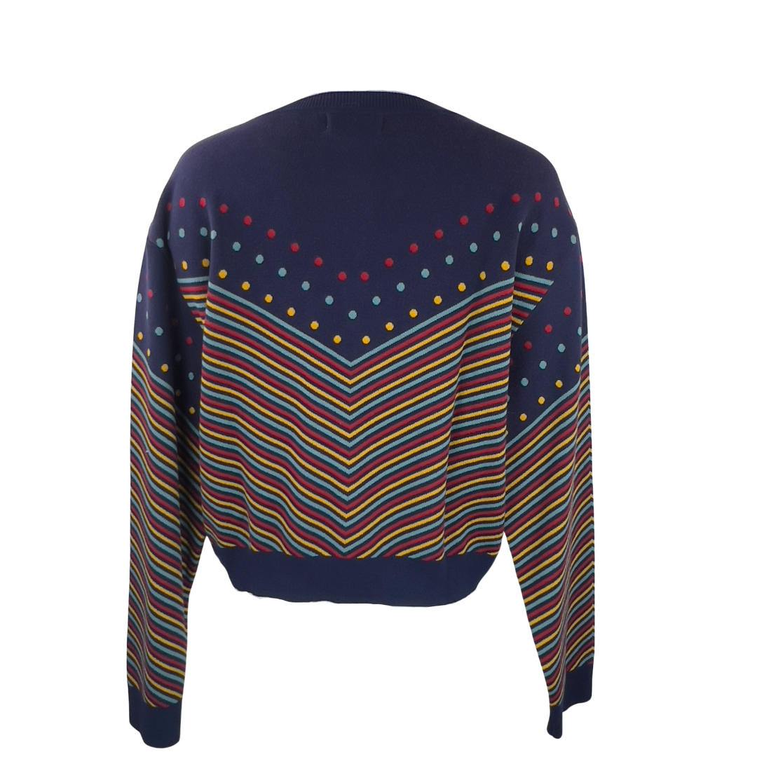 Palava Navy Cardigan with Multi Color Stripes and Dots