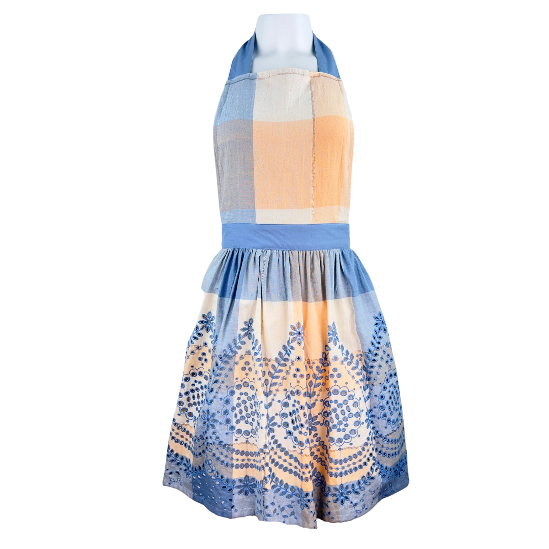 Peach and Blue Plaid Bib Apron with Blue Floral Embroidery on the Skirt
